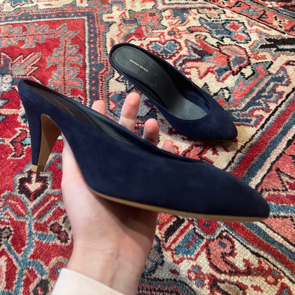 Mansur Gavriel Navy Blue Suede Slipper Heels— Womens 37 - Picture 2 of 9
